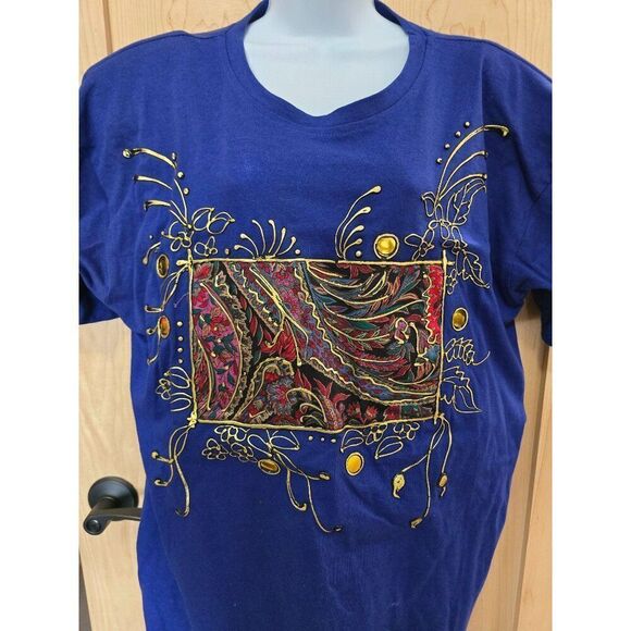 VTG Handpainted Blue T-Shirt With Paisley Design & Gold Accents Wearable art - Picture 2 of 7